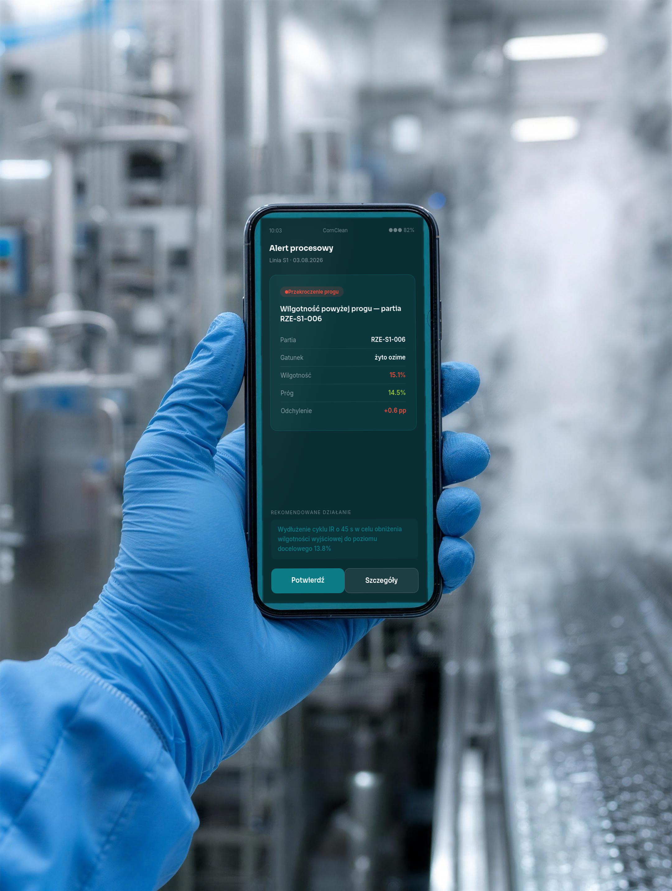 Alert procesowy CornClean na telefonie