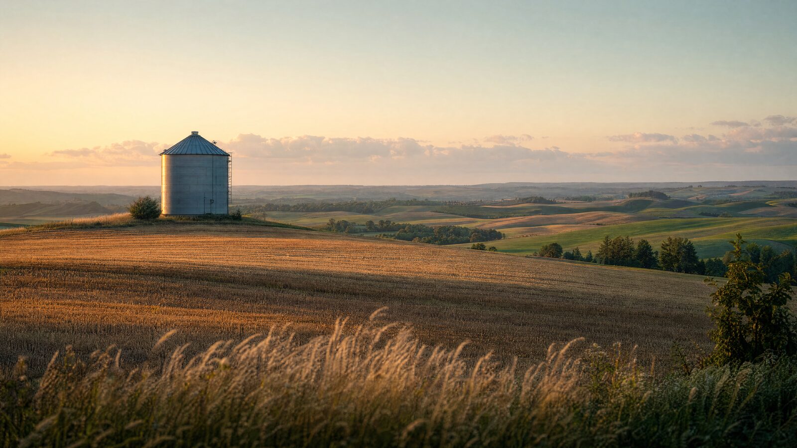 Silos na tle morenowych wzgórz Wysoczyzny Elbląskiej